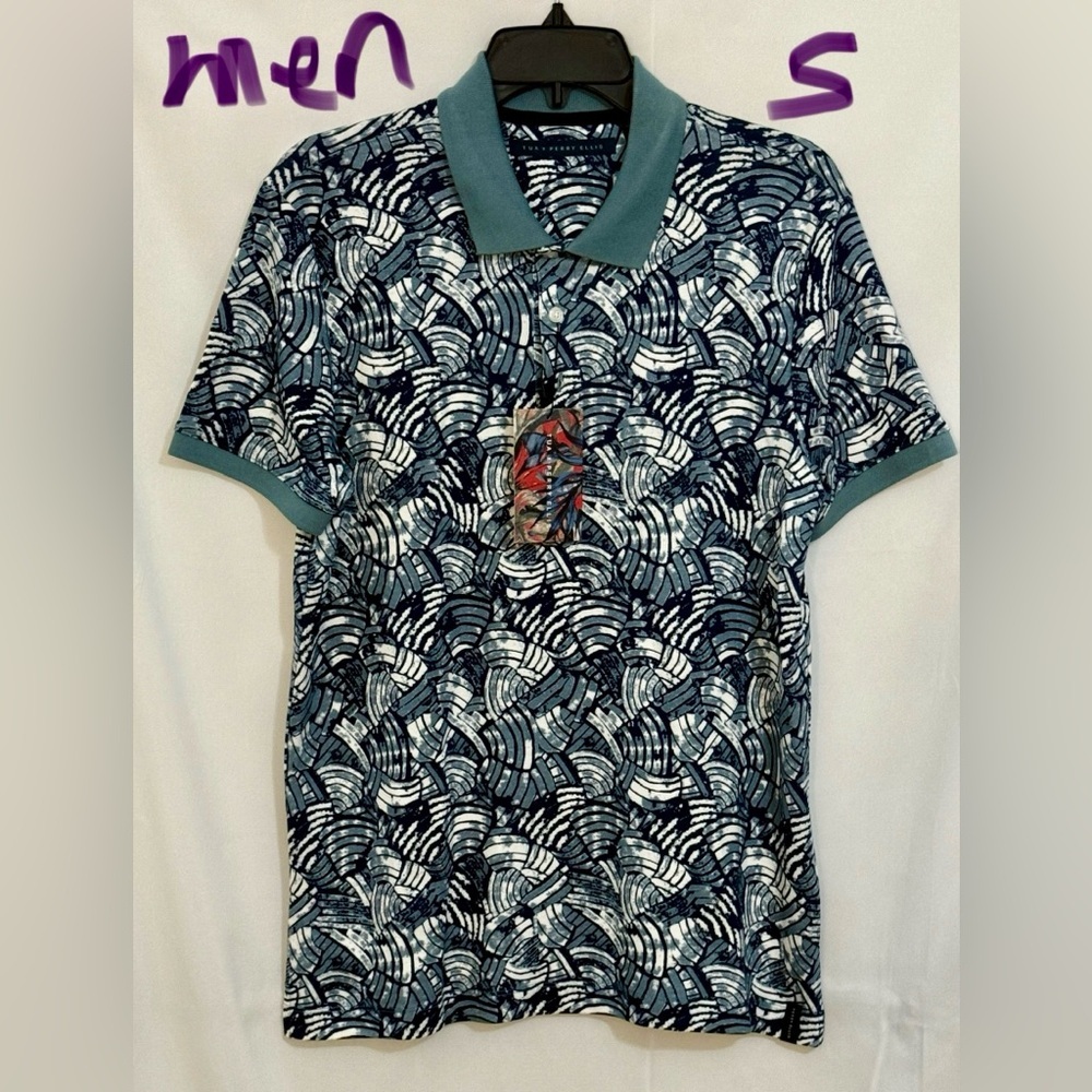 Perry Ellis Teal and White Patterned Polo Shirt